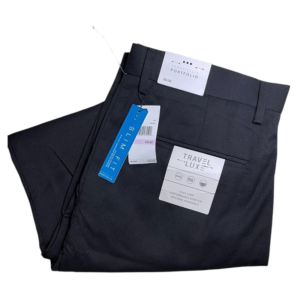 Perry Ellis Portfolio Slim Fit Pants Men 32x32 Black Travel Luxe Dress Office